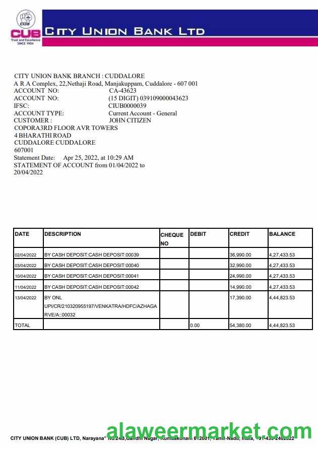 India City Union Bank statement
